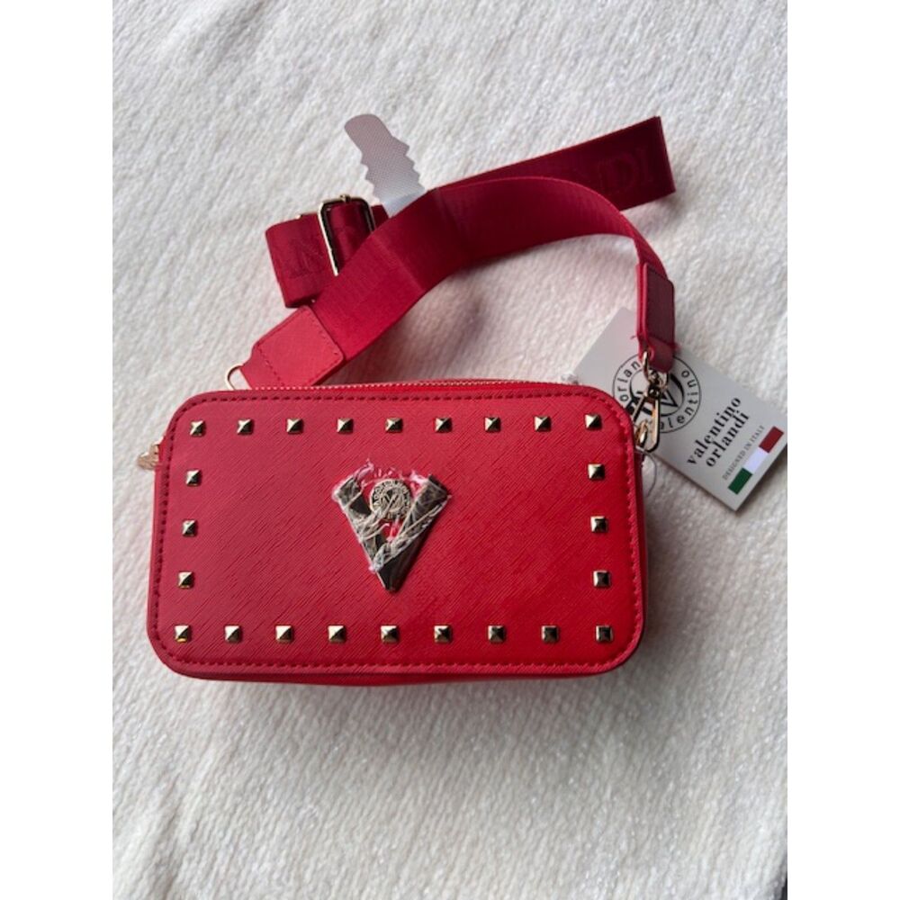 Valentino Orlandi Red Gold Studded Double Zip Crossbody Shoulder Bag New NWT